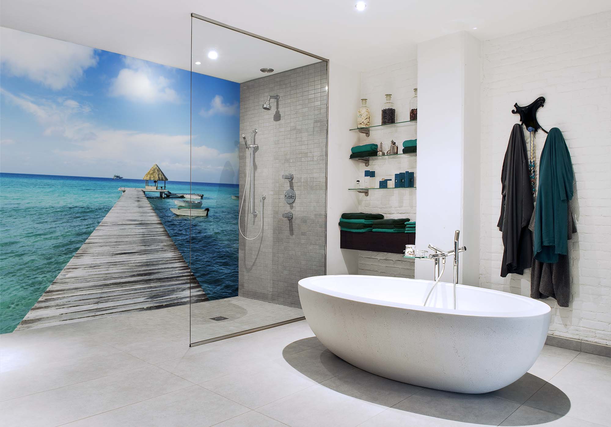 bathroom with digital print panels decor tropical pier