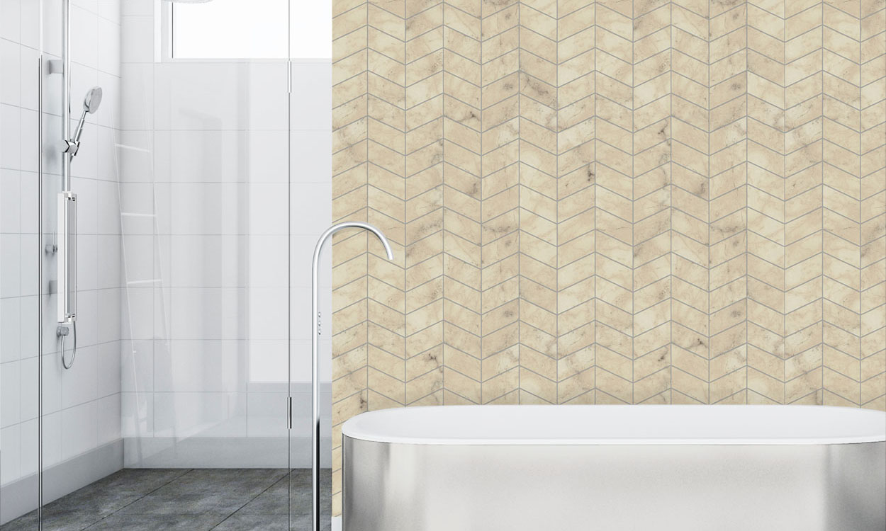 Bathroom with Ancient siena marble herringbone tile wall