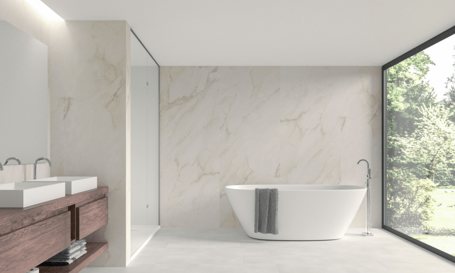 Bathroom with light marble wall
