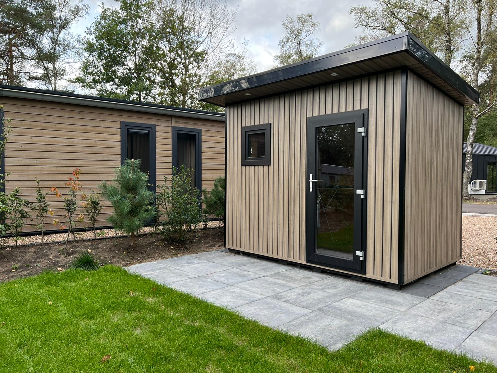Garden shed with woodlook panels